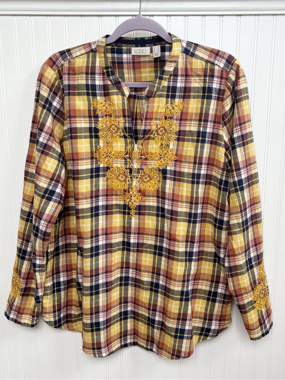 LOGO Lori Goldstein Yellow & Brown Plaid Women’s Sz 12 Embroidered Tunic Top